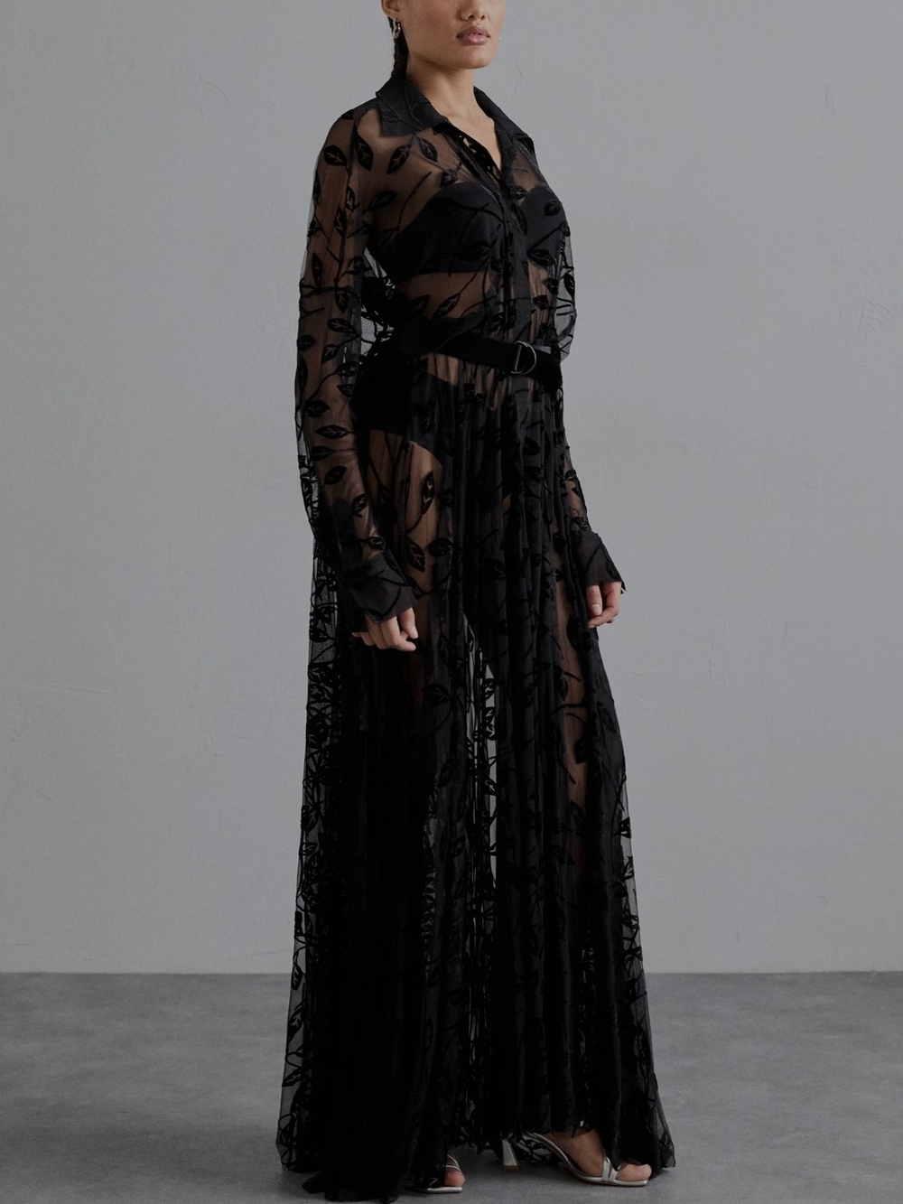 Norma Kamali Black Sheer Embroidered Maxi Dress